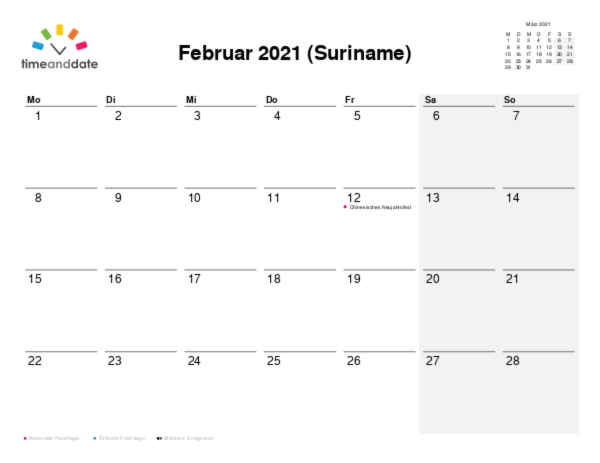 Kalender für 2021 in Suriname