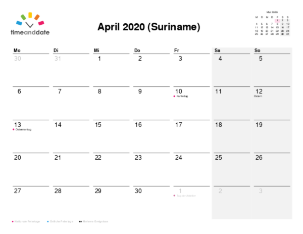 Kalender für 2020 in Suriname