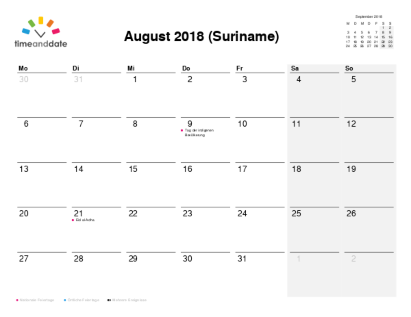 Kalender für 2018 in Suriname