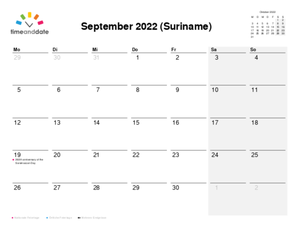 Kalender für 2022 in Suriname