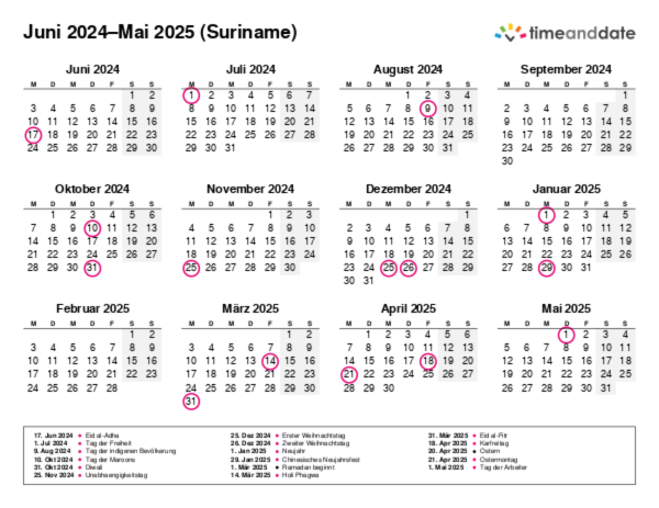 Kalender für 2024 in Suriname