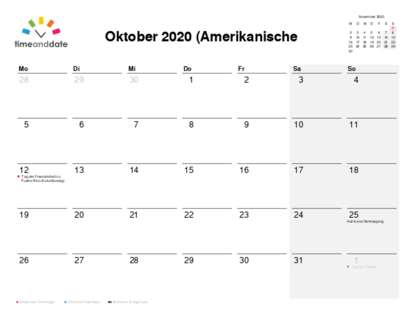 Kalender für 2020 in Amerikanische Jungferninseln