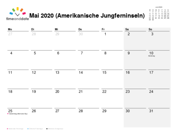 Kalender für 2020 in Amerikanische Jungferninseln