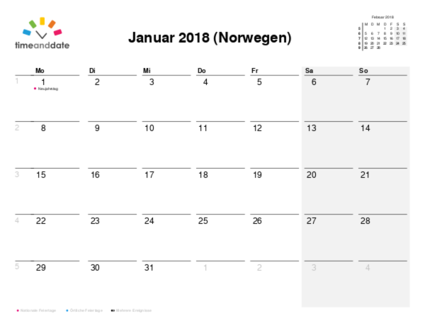 Kalender für 2018 in Norwegen