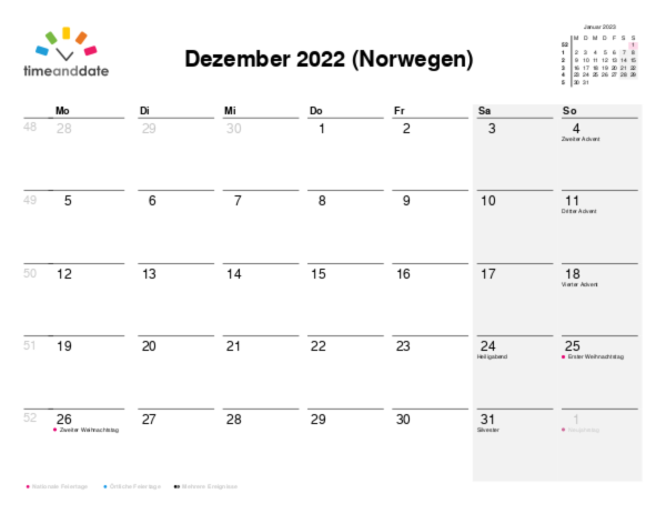 Kalender für 2022 in Norwegen