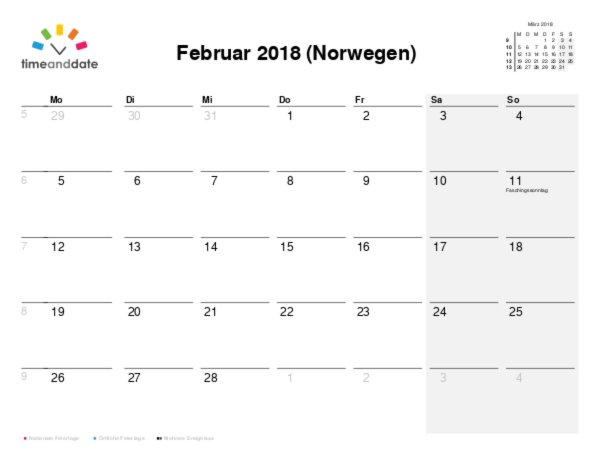 Kalender für 2018 in Norwegen