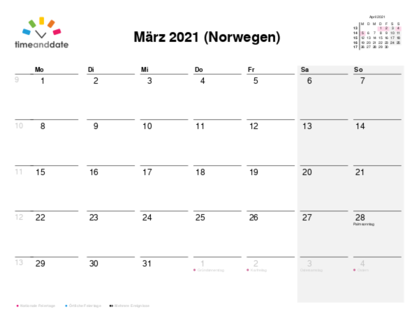Kalender für 2021 in Norwegen