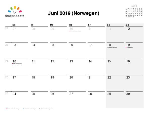 Kalender für 2019 in Norwegen