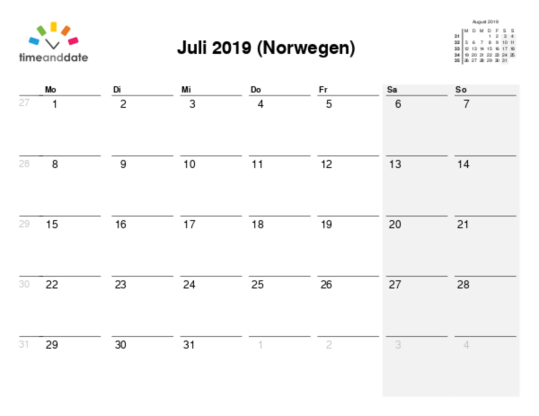Kalender für 2019 in Norwegen