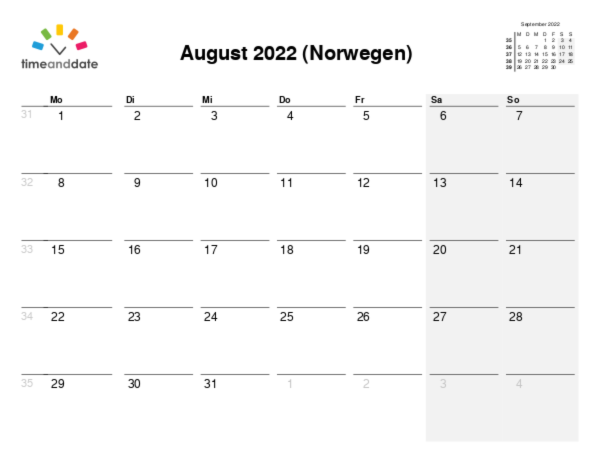 Kalender für 2022 in Norwegen