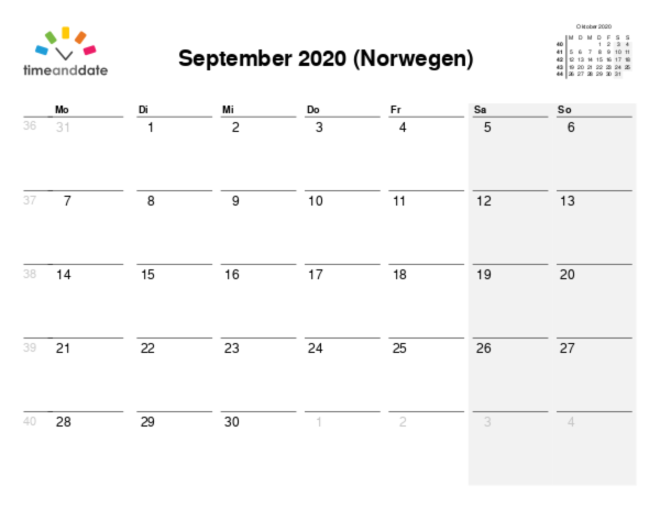 Kalender für 2020 in Norwegen