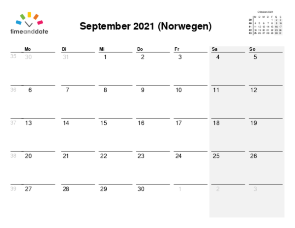 Kalender für 2021 in Norwegen