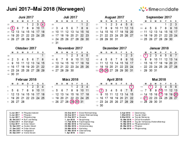 Kalender für 2017 in Norwegen