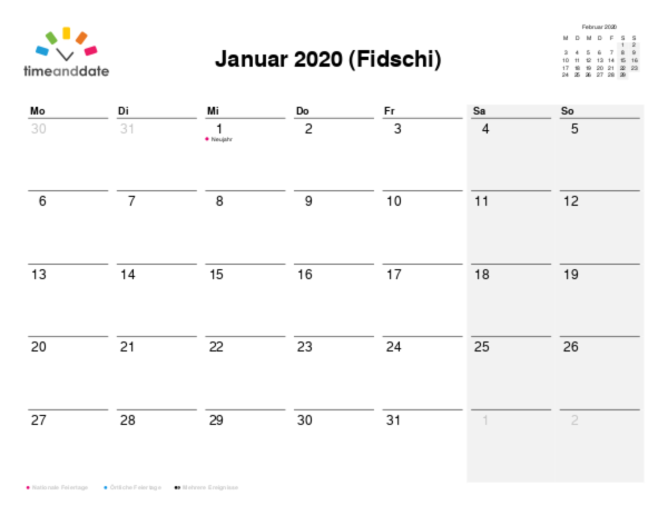 Kalender für 2020 in Fidschi