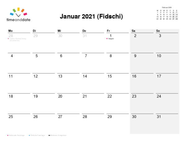 Kalender für 2021 in Fidschi
