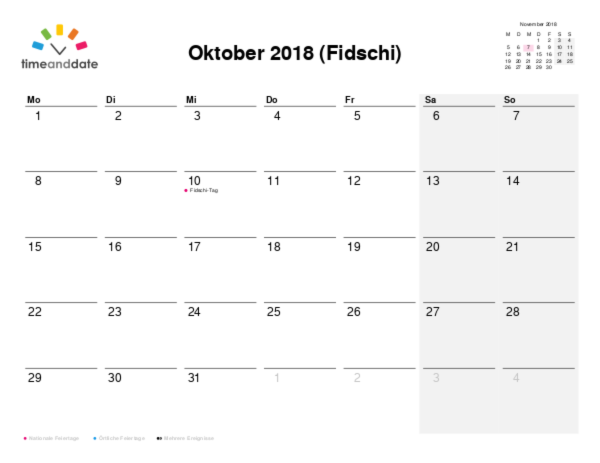 Kalender für 2018 in Fidschi