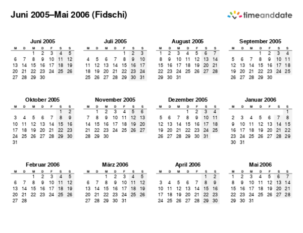 Kalender für 2005 in Fidschi