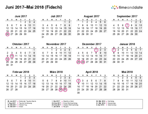 Kalender für 2017 in Fidschi