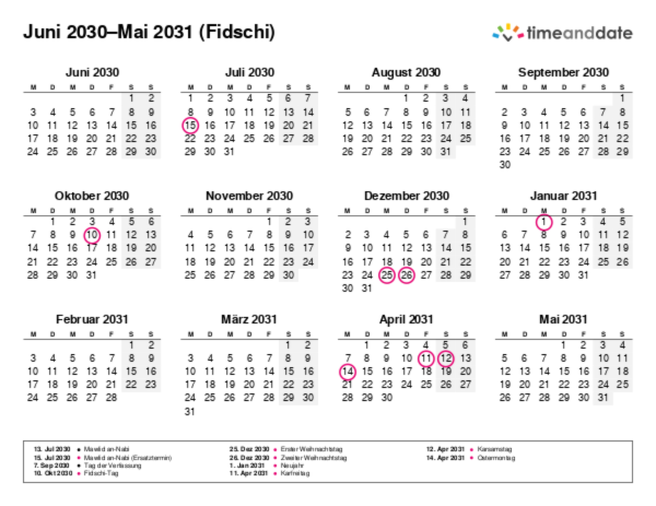 Kalender für 2030 in Fidschi