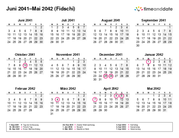 Kalender für 2041 in Fidschi
