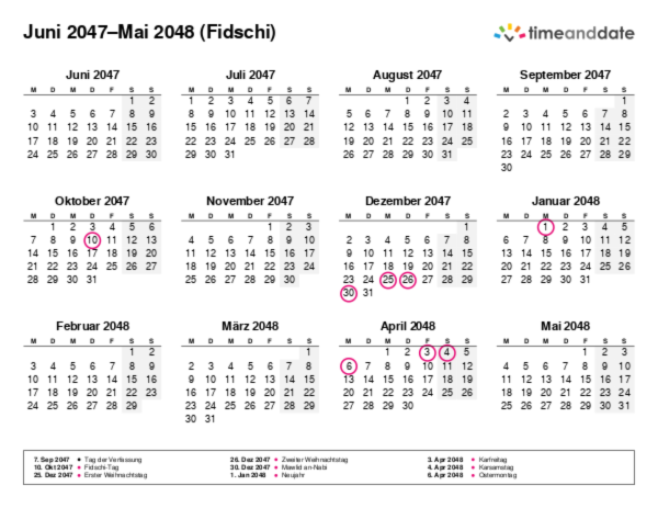 Kalender für 2047 in Fidschi