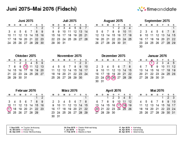 Kalender für 2075 in Fidschi