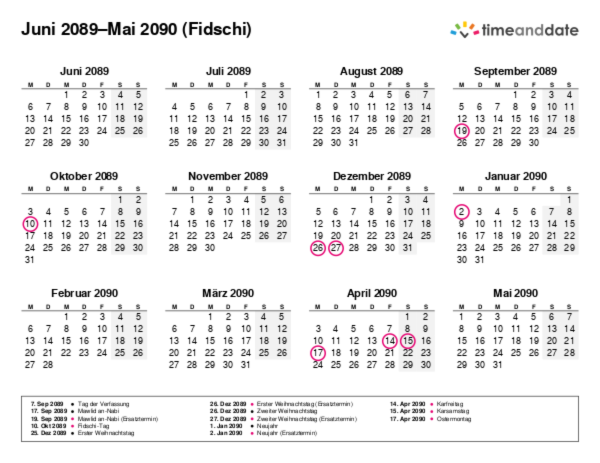 Kalender für 2089 in Fidschi