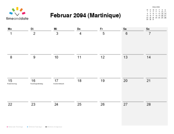 Kalender für 2094 in Martinique