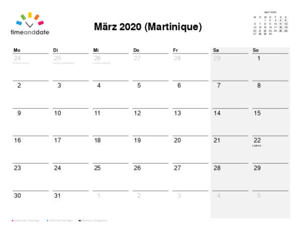 Kalender für 2020 in Martinique
