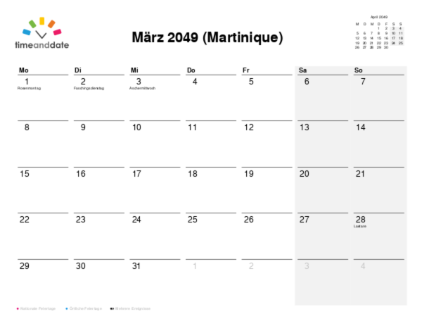 Kalender für 2049 in Martinique