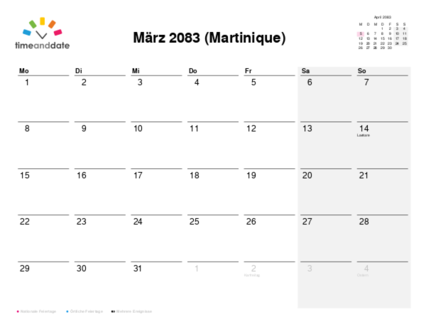 Kalender für 2083 in Martinique