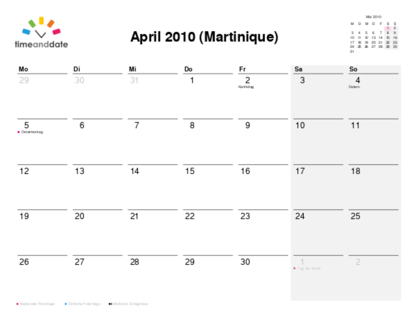 Kalender für 2010 in Martinique