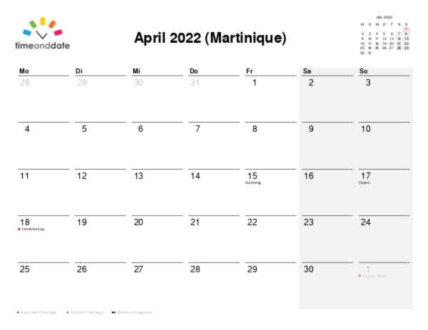 Kalender für 2022 in Martinique