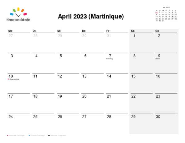 Kalender für 2023 in Martinique