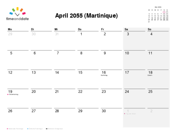 Kalender für 2055 in Martinique