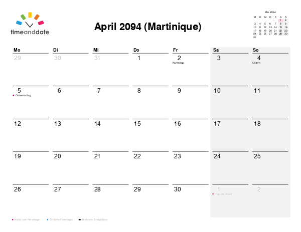 Kalender für 2094 in Martinique