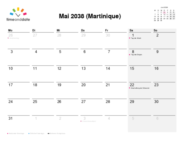 Kalender für 2038 in Martinique