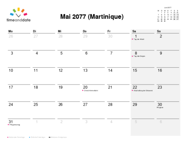 Kalender für 2077 in Martinique