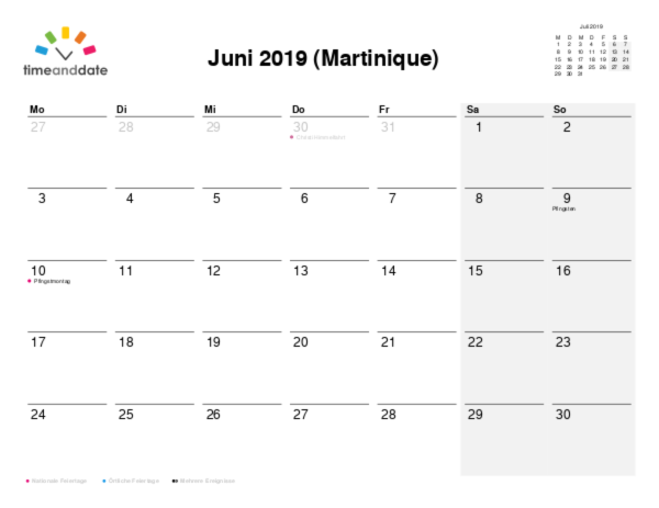 Kalender für 2019 in Martinique
