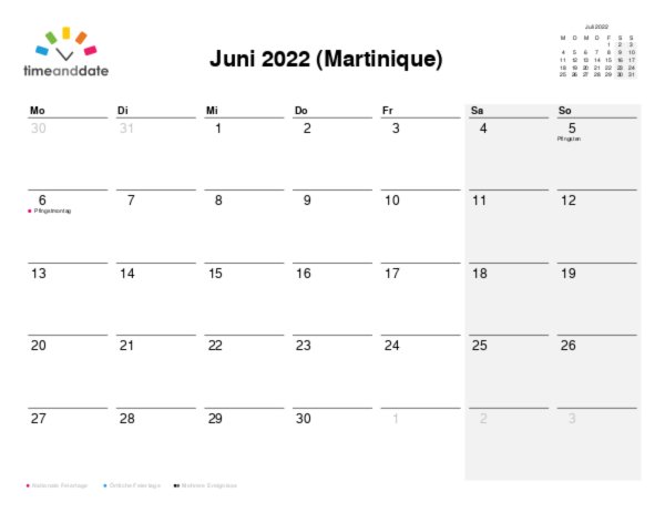 Kalender für 2022 in Martinique