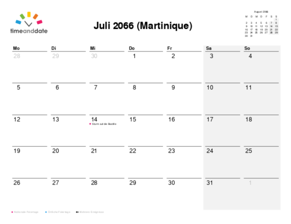 Kalender für 2066 in Martinique