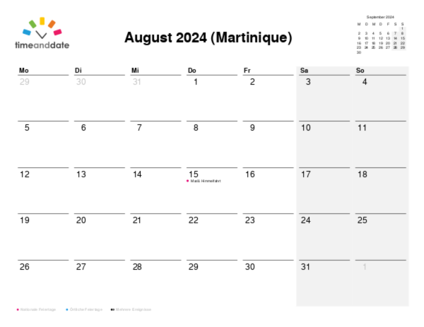 Kalender für 2024 in Martinique