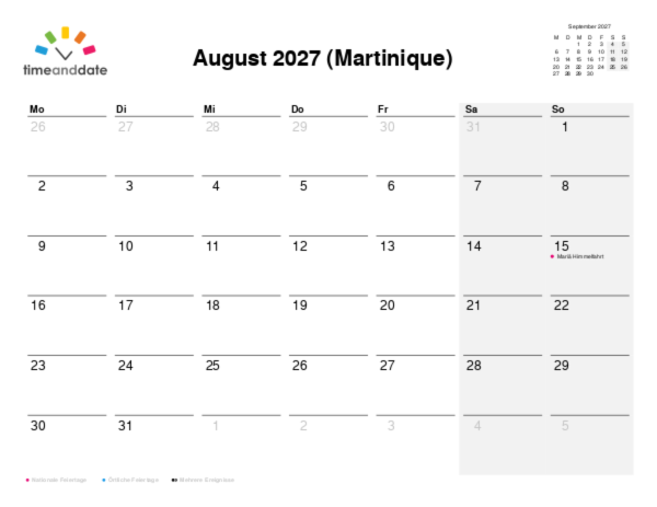 Kalender für 2027 in Martinique