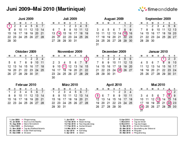 Kalender für 2009 in Martinique