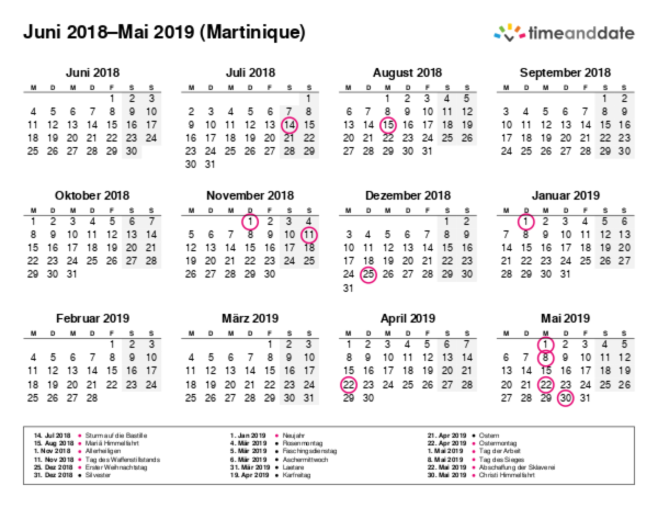 Kalender für 2018 in Martinique