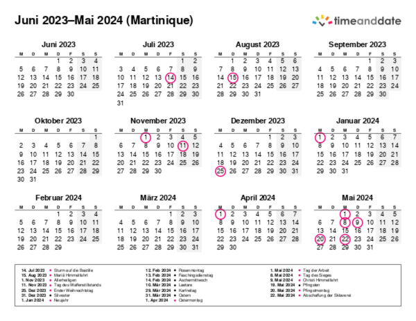 Kalender für 2023 in Martinique