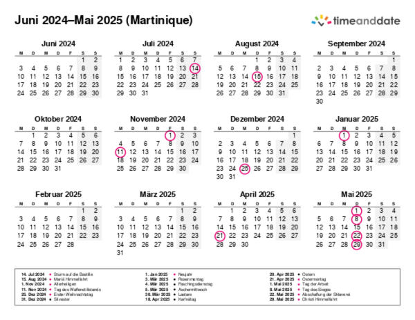 Kalender für 2024 in Martinique