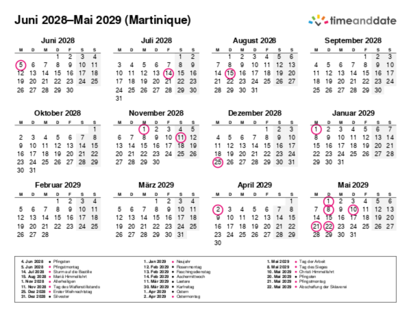 Kalender für 2028 in Martinique