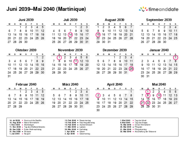 Kalender für 2039 in Martinique