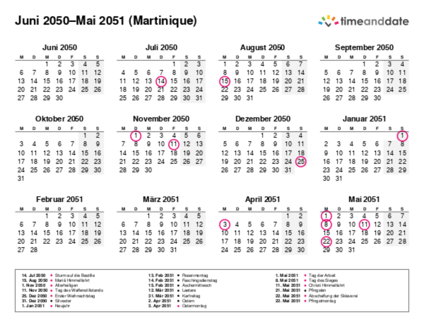 Kalender für 2050 in Martinique